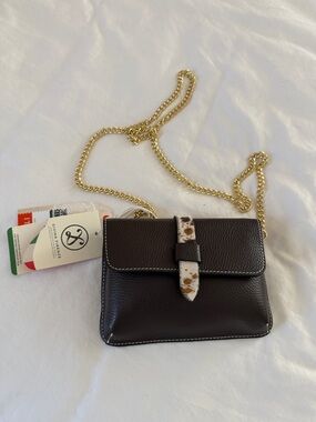 NWT Compact Dark Brown Leather Crossbody with Gold Chain  closure  Accent